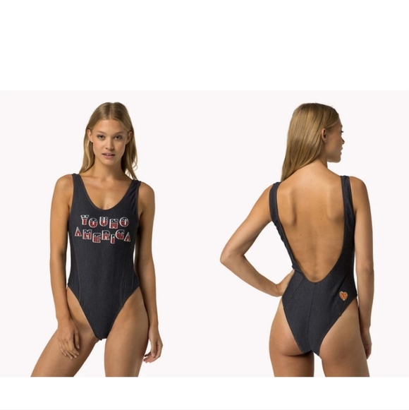 ❤️ Tommy Hilfiger Blue Swimsuit GiGi Hadid 'Young America' Graphic - Picture 2 of 6